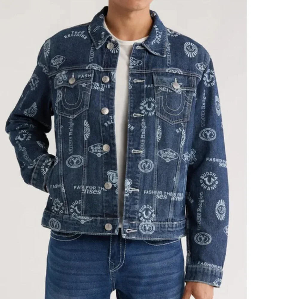 True Religion AOP Logo Denim SN Jacket Medium Rustic Barn Wash Size XL NWT - Picture 1 of 12